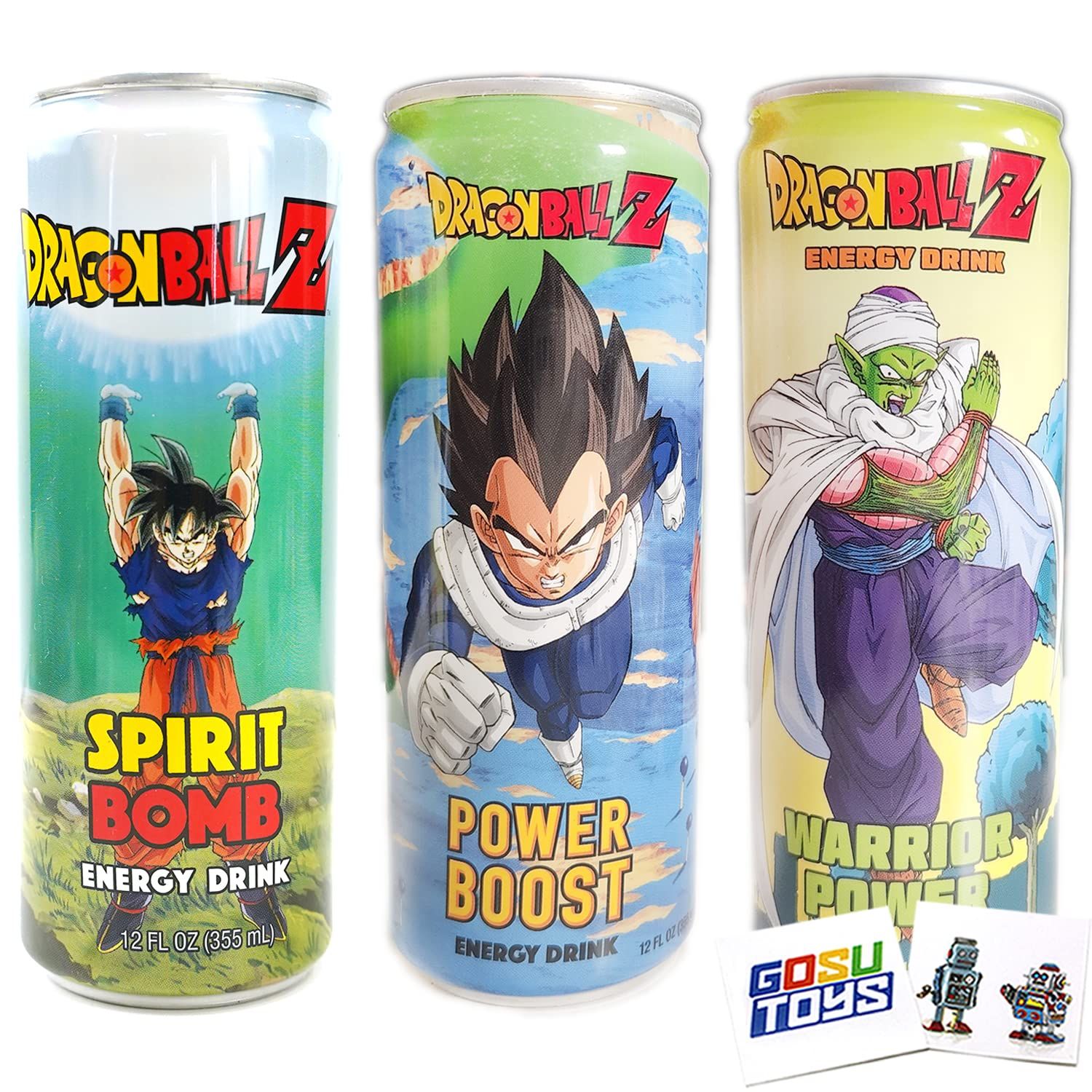 Dragon Ball Z Energy Drinks (3 Pack) Spirit Bomb (Goku), Warrior Power (Piccolo), Power Boost (Vegeta) with 2 Gosutoys Stickers