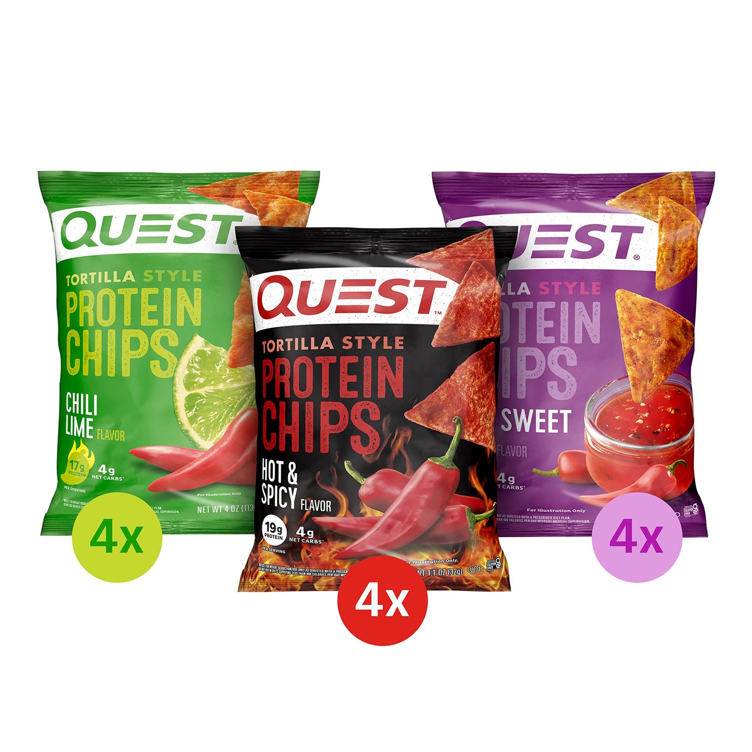 Quest Nutrition Tortilla Style Protein Chips, Spicy Variety Pack, Chili Lime, Hot &amp; Spicy, &amp; Spicy Sweet Chili, 12 Count (3 Each Flavor)
