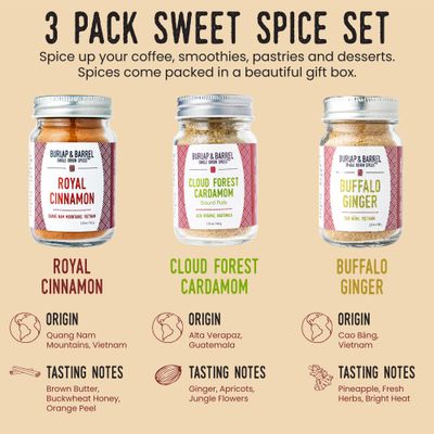 Burlap &amp; Barrel 3pk Sweet Spice Set - As seen on Shark Tank! - 3 Full Size Jars including Royal Cinnamon, Cloud Forest Cardamom, &amp; Buffalo Ginger - Birthday &amp; Father's Day Gift Ideas - Gift for Mom