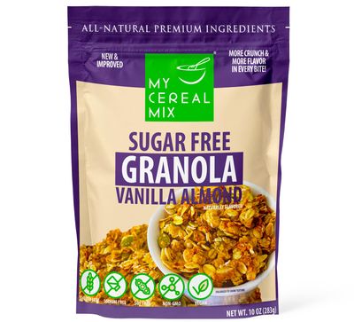 MyCerealMix Sugar Free Granola Vanilla Almond | Non-GMO, Plant-Based, Gluten Free, Soy Free, Sodium Free, No Erythritol/Stevia, No Sugar Alcohols, Premium Healthy Satisfying Crunchy Breakfast, 10oz