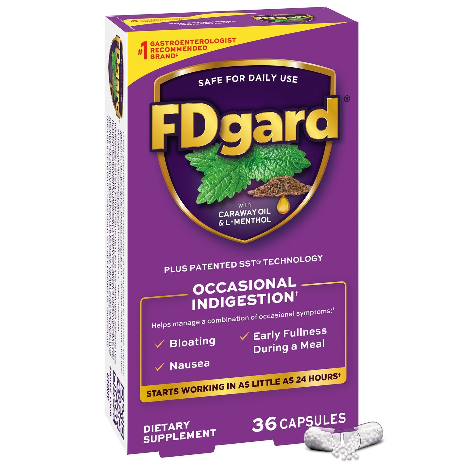FDgard Gut Health Supplement, Indigestion, Nausea &amp; Bloating, Upset Stomach, 36 Capsules (Packaging May Vary)
