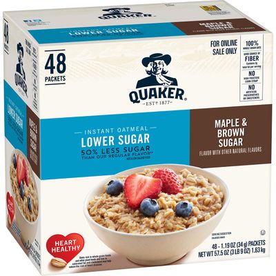 Quaker Instant Oatmeal, Lower Sugar Maple and Brown Sugar, Individual Packets, 1.19 Ounce (Pack of 48)