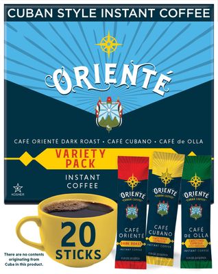 Oriente Variety Pack Instant Coffee Packets Single Serve, 20 ct | Cafe Oriente, Cafe Cubano, Cafe De Olla | 100% Arabica Dark Roast Coffee | Solar Energy Produced | Hot or Iced Instant Coffee Packets