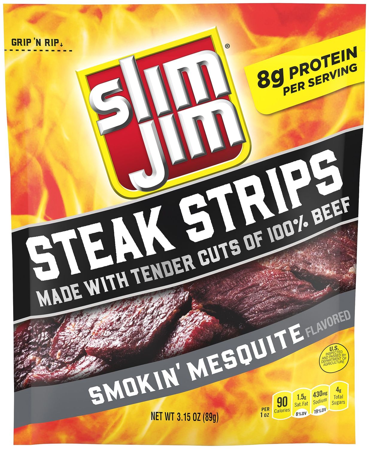 Slim Jim Smoked Steak Strips, Smokin&#39; Mesquite Flavor, 8g Protein Per Serving, Great Stocking Stuffer, 3.15 oz. (1 Count)