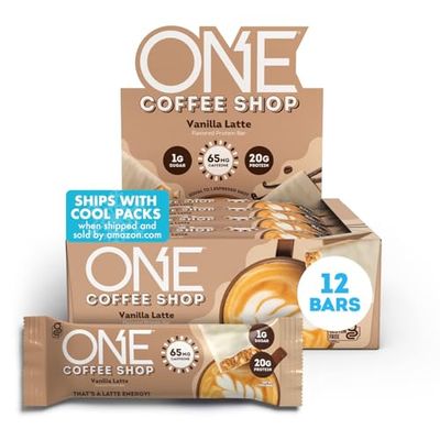 ONE Coffee Shop Caffeinated Protein Bars, Vanilla Latte, Gluten Free with 20g Protein and 65mg of Caffeine Energy, Pantry Staples, 2.12 oz (12 Count)