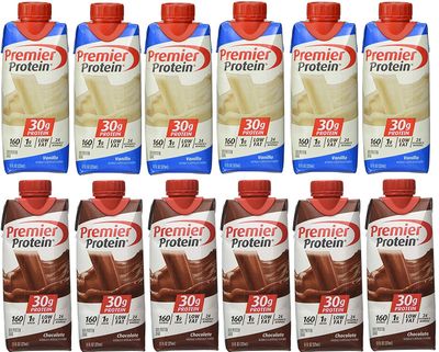 Premier Protein 6 Chocolate and 6 Vanilla Shakes 11oz (pack of 12)