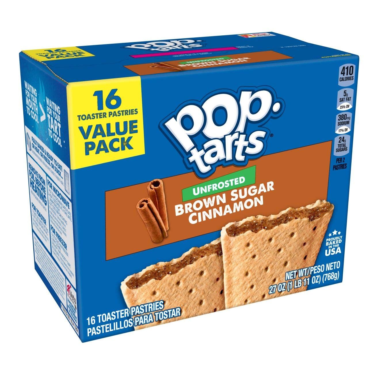 Kellogg&#39;s Pop-Tarts Unfrosted - Toaster Pastries Breakfast for Kids, 16 Count, 27 oz (Unfrosted Brown Sugar Cinnamon)