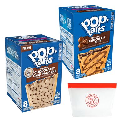 Frosted Pastries Bundle. Includes Pop Tarts Variety Pack, One each 13.5 Oz Box of Pop Tarts Chocolate Chip, Pop Tarts Chocolatey Chip Pancake, Breakfast Pastries. And a free Snack Mode Compact Pouch.