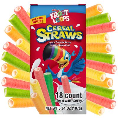 2024 Kellogg&#39;s Cereal Straws Froot Loops Edible Breakfast Straw Alternatives for Milk, 90&#39;s Childhood Nostalgic Treat, Cereals for Kids, 18 Count