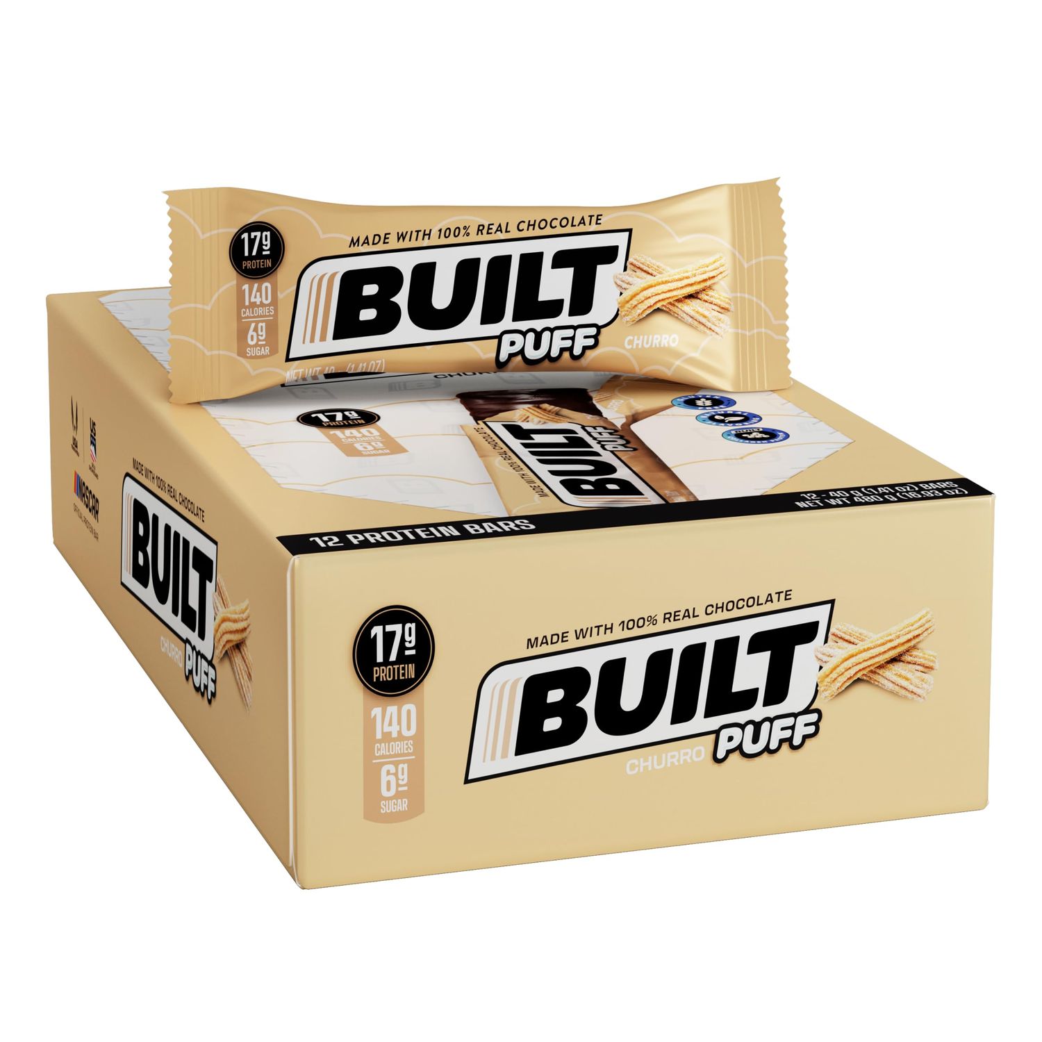 BUILT Protein Bars, Cinnamon Churro Puff, 12 count, Protein Snacks with 17g of Protein, Collagen, Gluten Free Chocolate Protein Bar with only 140 calories &amp; 6g sugar, Perfect On The Go Protein Snack