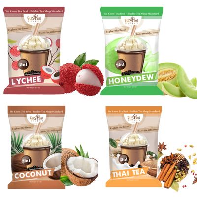 Fusion Select 4 Variety Flavors Thai Tea,Honeydew, Coconut, Lychee 3-in-1 Drink Powder Instant Pre-Mixed Powder for Hot or Cold Blends Yummy Frappes