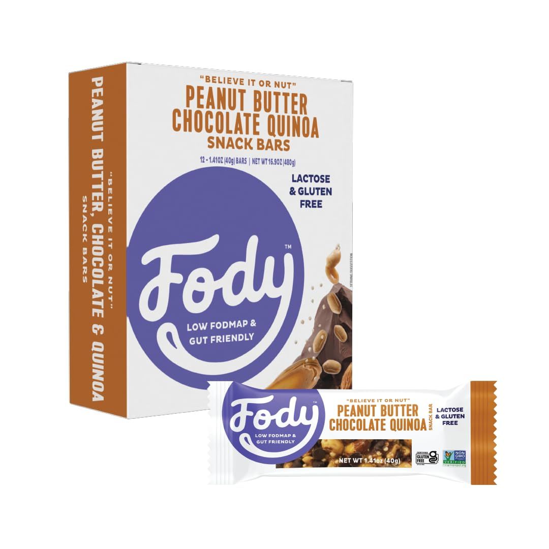 Fody Foods Vegan Protein Nut Bars, Peanut Butter Chocolate Quinoa Flavor, 6g Protein per Bar, Low Fodmap Certified, Sensitive Recipe, Gut &amp; IBS Friendly, 12 Count