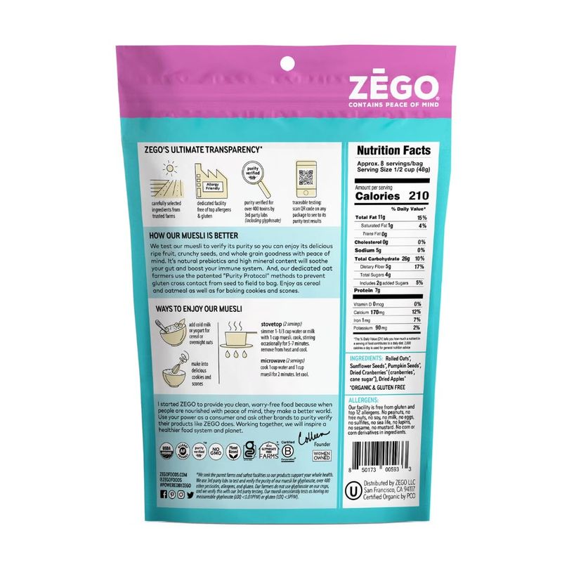 ZEGO Foods Organic Superfood Oatmeal &amp; Muesli, Certified Gluten Free (Apple Cranberry) 13oz