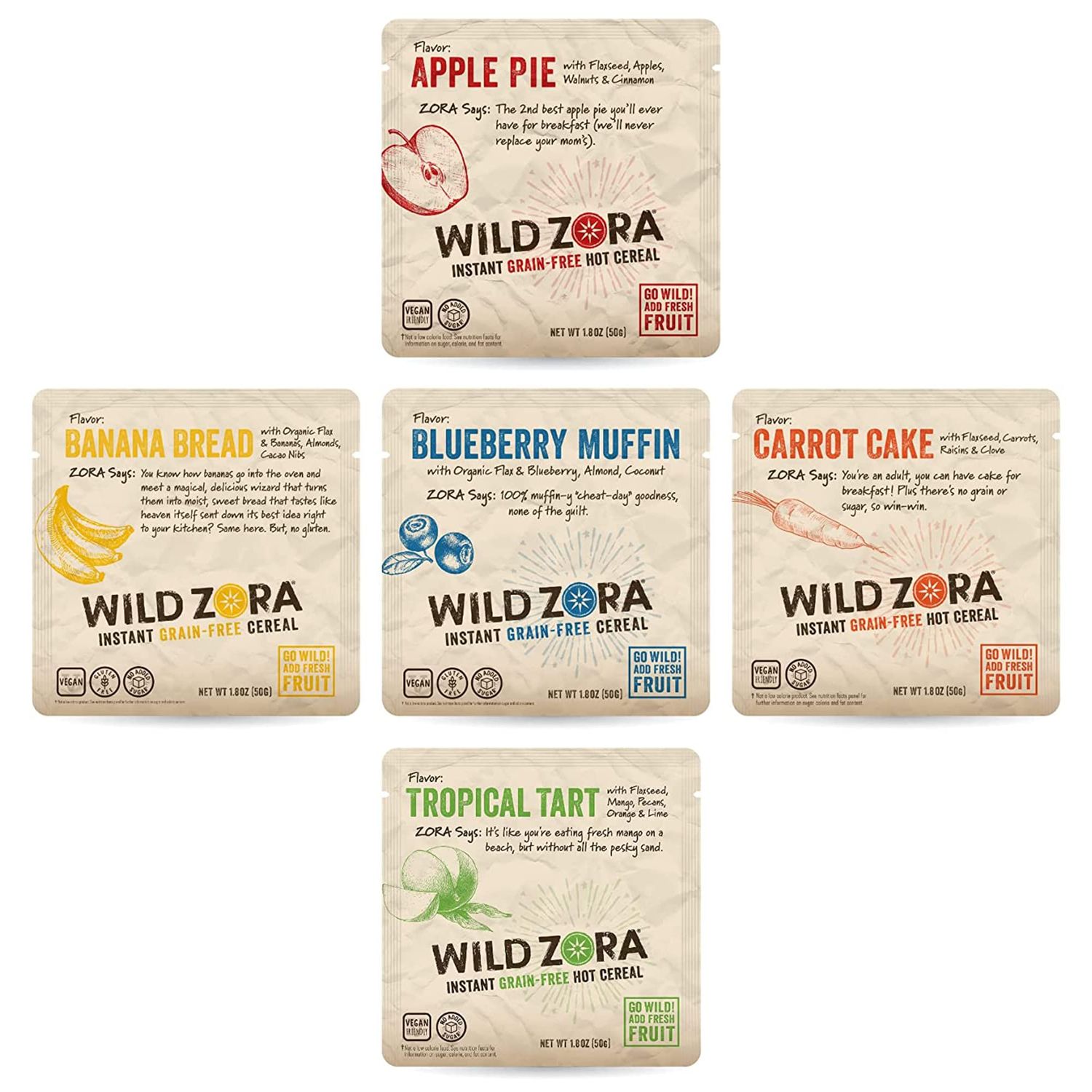 Wild Zora Instant Grain-Free Hot Cereal - Tasty Paleo Friendly Cereals, Instant Hot Meal, Breakfast to Go, Oatmeal Substitute, No Added Sugar, Grain, Dairy, or Soy, Gluten Free, 5-Pack Variety