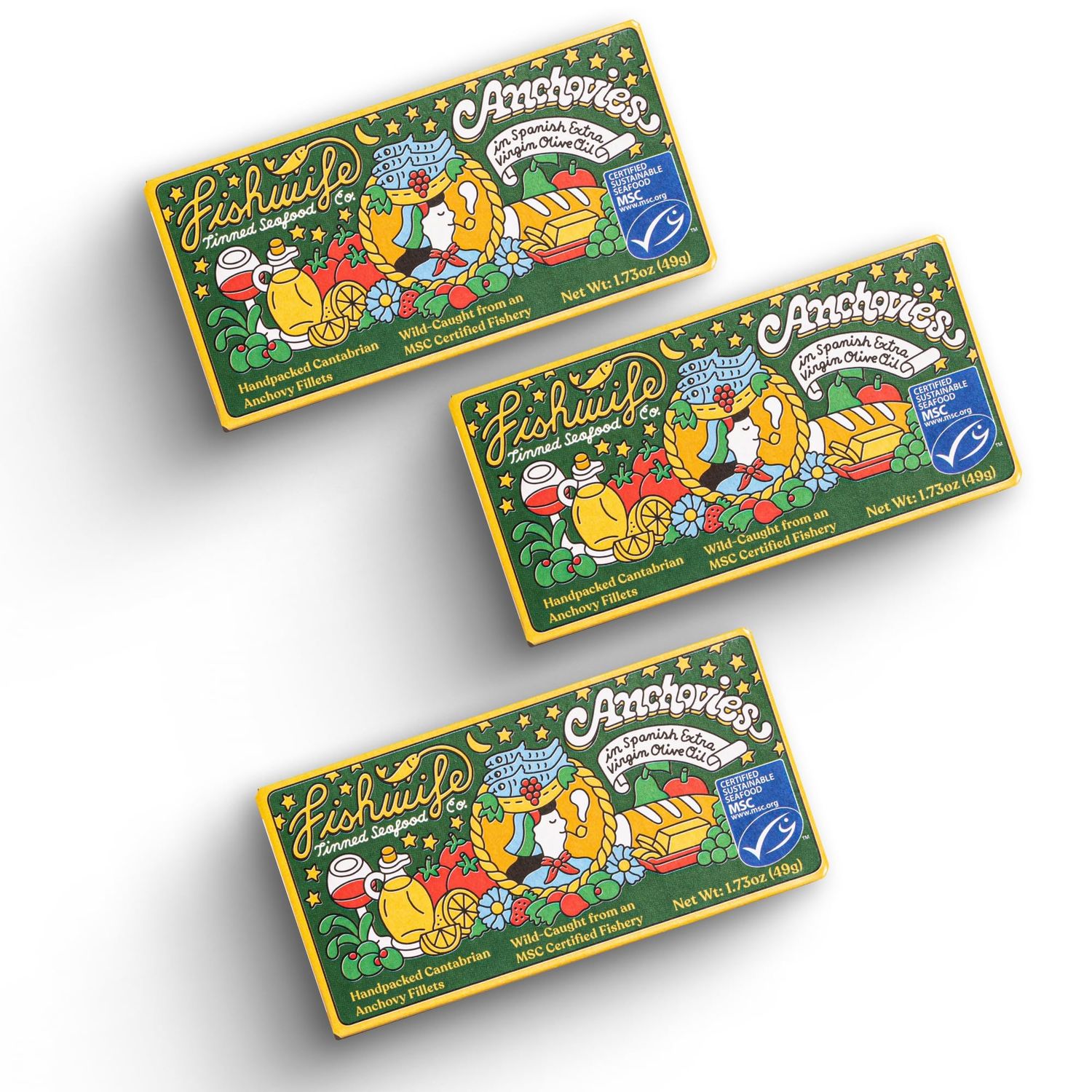Fishwife Cantabrian Anchovies 3-Pack (1.73 Ounce) - Wild-Caught &amp; Hand-Packed with Spanish Extra Virgin Olive Oil - MSC-Certified Sustainable Seafood, High Protein, Gluten Free, Paleo Friendly