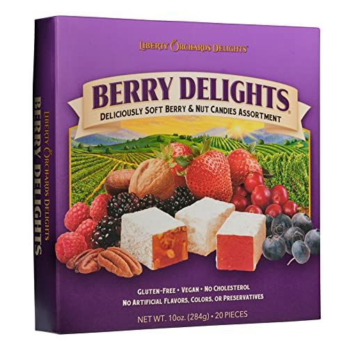 Liberty Orchards, Berry Delights - Assorted Vegan Berry Snack, Gluten Free, Lokum Nuts Strawberry, Blueberry Walnut Turkish Delight Candy Gift Box 10 Oz