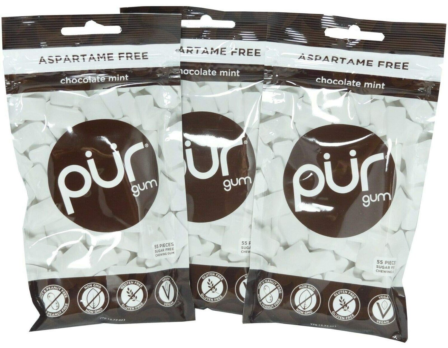 NEW! PUR Gum Chocolate Mint, 2.72 oz, 3 Bags3