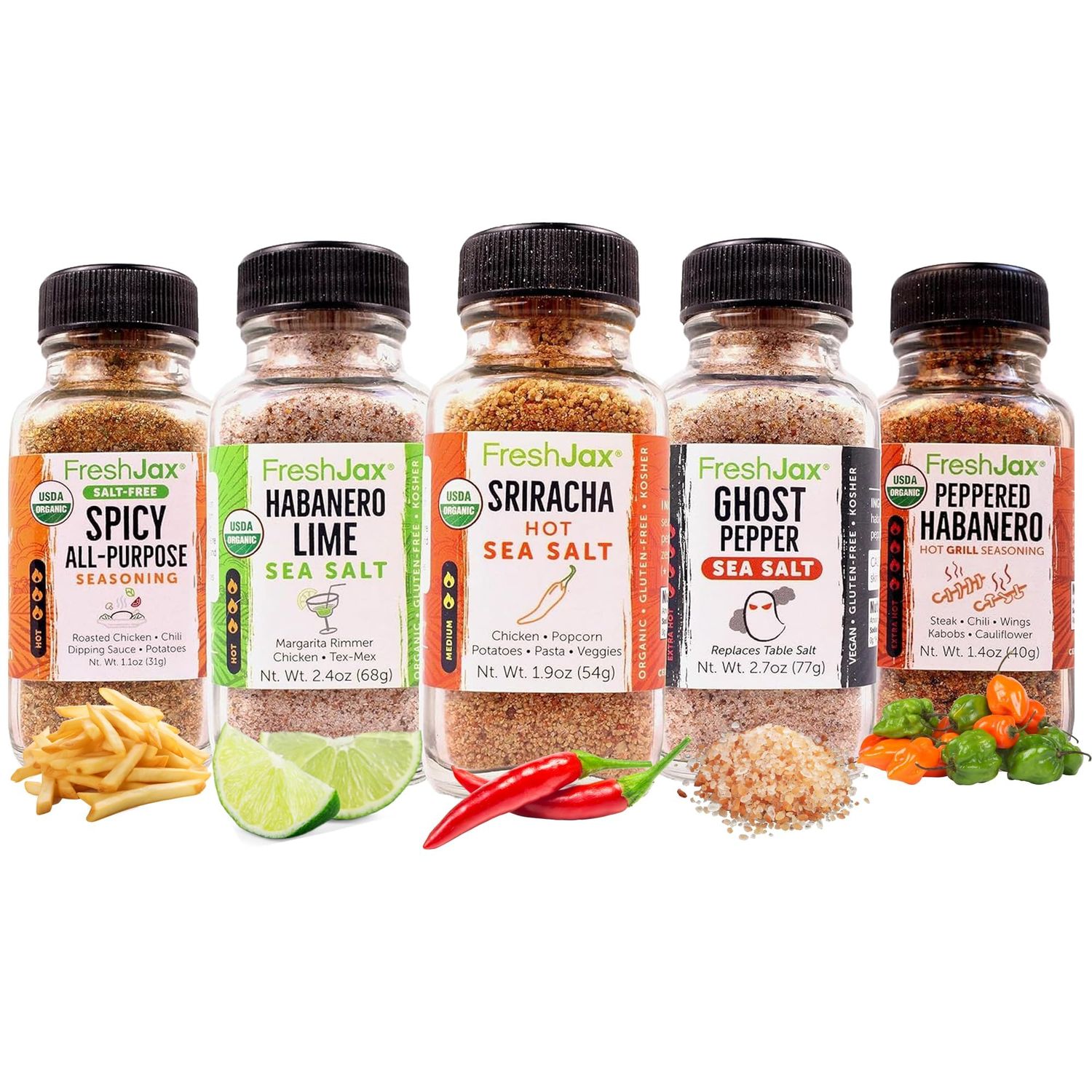 FreshJax Hot &amp; Spicy Seasoning Gift Set | 5 Sampler Sized Organic Hot &amp; Spicy Seasoning Set | Grilling Christmas Gifts for Men | Spices and Seasonings Sets for Cooking Packed in a Giftable Box