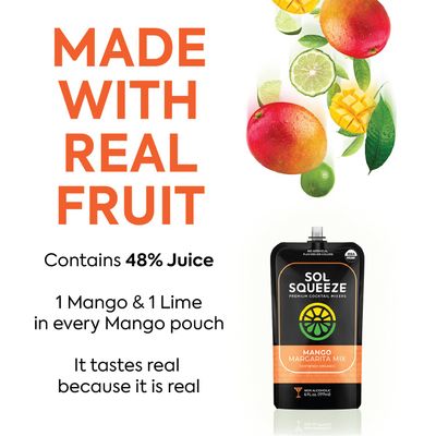 Sol Squeeze Mango Margarita Mix - Organic, Non-GMO, Vegan and Portable 2-4 Drink Pouch with Real Fruit Blend, Gluten-Free Cocktail or Non-Alcoholic Mocktail - for Holiday Present & Gift Ideas - 2 Pack
