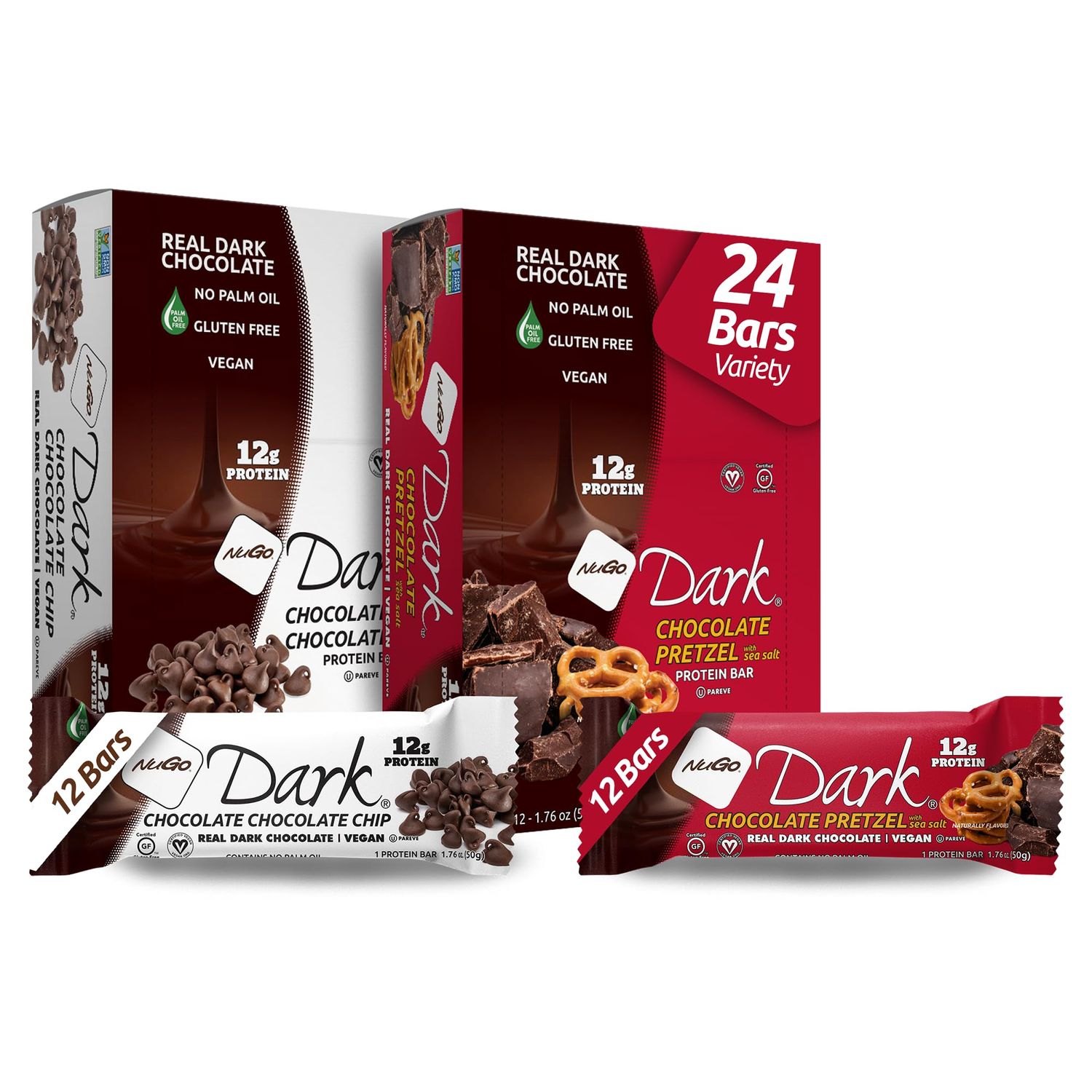 NuGo Dark Variety - Chocolate Pretzel 12 Bars &amp; Chocolate Chocolate Chip 12 Bars, 12g Protein, Vegan, Gluten Free, Non-GMO, Kosher Pareve, 24 Count