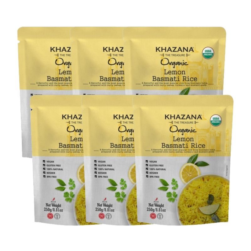 Khazana Authentic Lemon Ready To Heat Basmati Rice (Pack of 6, 8.8oz) | Non-GMO, Vegan, Gluten Free &amp; Kosher | Aromatic &amp; Flavorful Organic Grain From India | Microwavable Instant Rice in 90 Seconds!