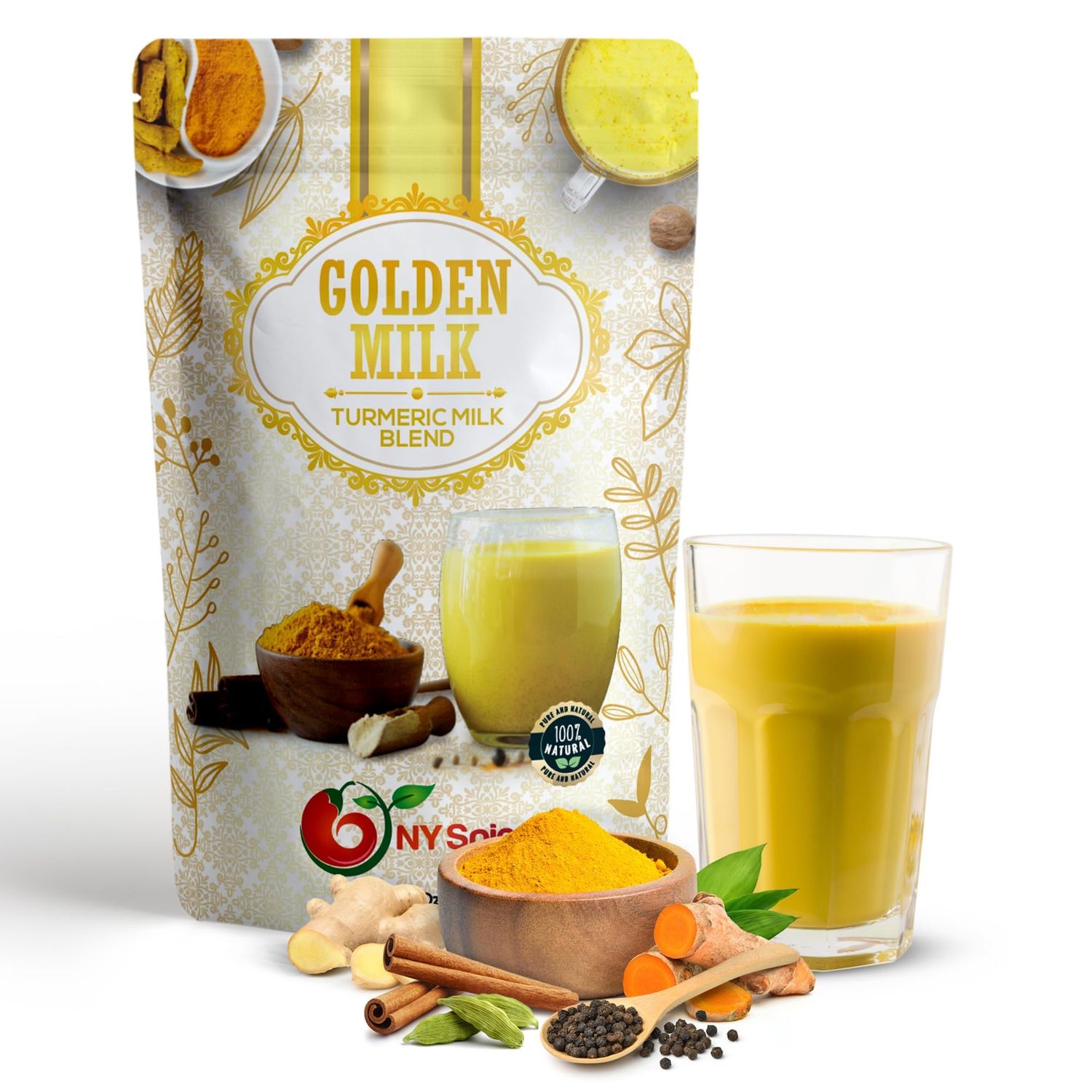 NY SPICE SHOP Golden Milk Superfood Powder - 4 Oz (Ounce) Instant Latte Mix Superfood with Turmeric - Superfood Blend of Turmeric, Cinnamon, Ginger, Black Pepper, Nutmeg, Green Cardamom