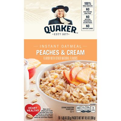 Quaker Instant Oatmeal, Peaches &amp; Cream, Breakfast Cereal, 10 Packets Per Box
