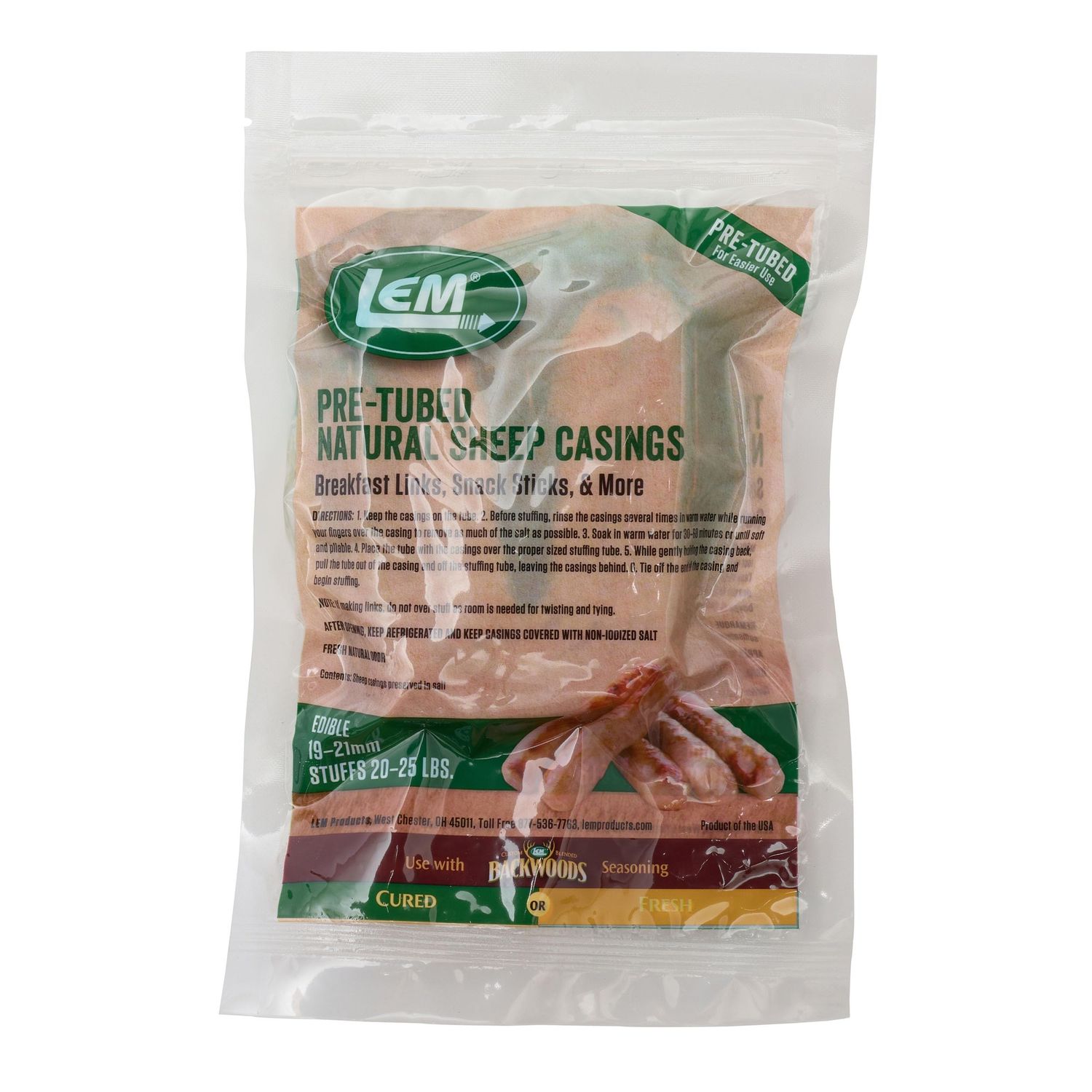 LEM Products Pre-Tubed Natural Sheep Casings, 19-21mm, Edible Sausage Casings, Stuffs Approximately 20-25 Pounds, Great for Snack Sticks, Breakfast Sausage Links, and More, 6.7 Ounce Package