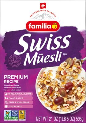 Familia Swiss Muesli Cereal, Premium Recipe with Spelt Flakes, Krispies, Fruit and Nuts, 0g Added Sugar, 21 Ounce (Pack of 1)