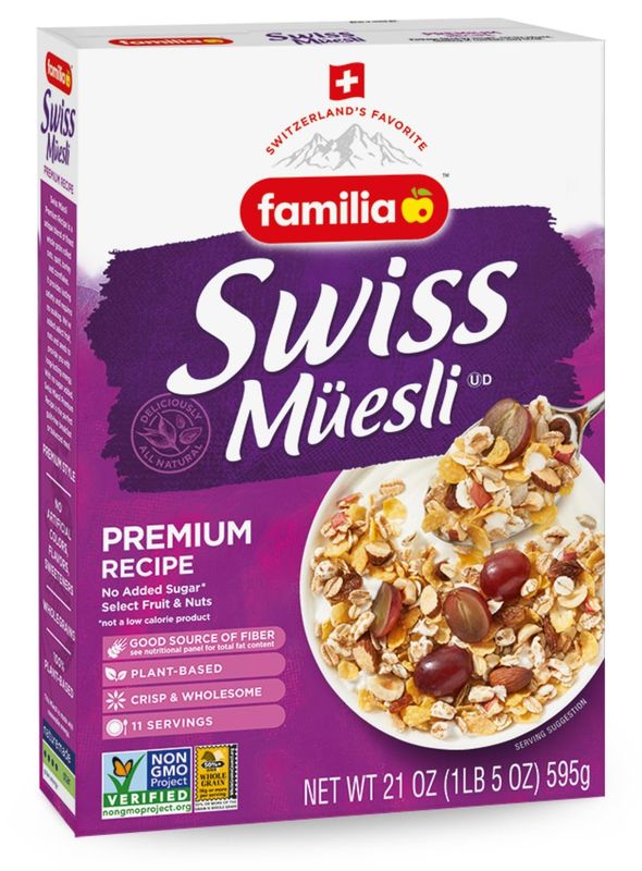 Familia Swiss Muesli Cereal, Premium Recipe with Spelt Flakes, Krispies, Fruit and Nuts, 0g Added Sugar, 21 Ounce (Pack of 1)