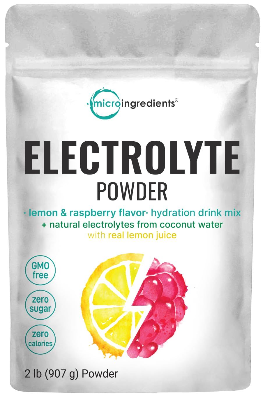 Micro Ingredients Hydration Electrolyte Powder, 2lbs (139 Servings), Keto &amp; No Sugar - High Potassium (1000mg) with Lemon Raspberry Flavored - Made with Real Lemon Juice &amp; Coconut Water - Non-GMO