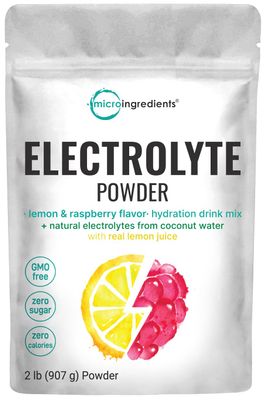 Micro Ingredients Hydration Electrolyte Powder, 2lbs (139 Servings), Keto &amp; No Sugar - High Potassium (1000mg) with Lemon Raspberry Flavored - Made with Real Lemon Juice &amp; Coconut Water - Non-GMO