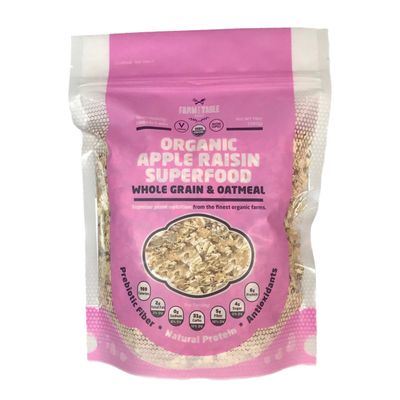 Farm to Table Foods Organic Apple Raisin Superfood Oatmeal - High Protein, Whole Grain, Plant Based,Non-GMO - 3 Pack (14 oz. Bags)