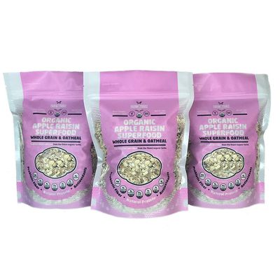 Farm to Table Foods Organic Apple Raisin Superfood Oatmeal - High Protein, Whole Grain, Plant Based,Non-GMO - 3 Pack (14 oz. Bags)