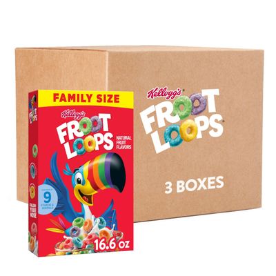Kelloggs Froot Loops Breakfast Cereal, Kids Cereal, Family Breakfast, Family Size, Original (3 Boxes)