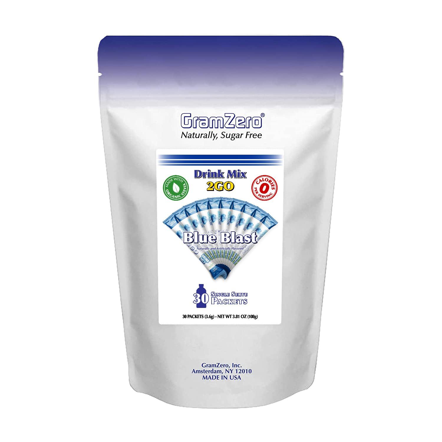 GramZero 2GO Sticks - Blue Blast, Zero Calorie Sugar Free Drink Mix, Stevia Sweetened, Great For Nutrition Club Loaded Tea To Go Kits