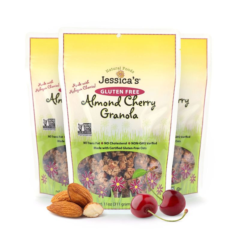 Jessicas Natural Foods - Gluten-Free Almond Cherry Granola made with dried Michigan cherries and toasted almonds, Non-GMO, no artificial flavors or preservatives, 11oz (Pack of 3)