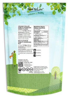 Food to Live Organic Rolled KAMUT Khorasan Wheat Flakes, 1.5 Pounds - Non-GMO, Made from Whole Wheat Berries, Kosher, Bulk, Great for Cereal, Granola, Muffins and Milling into Flour for Baking