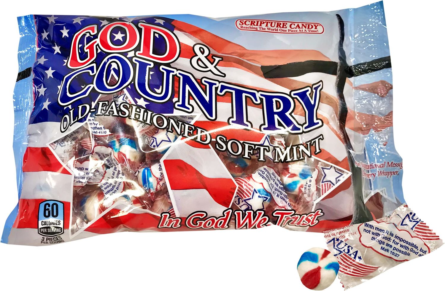 Scripture Candy, God &amp; Country Old-Fashioned Red, White &amp; Blue Soft Mint, 50 Pieces
