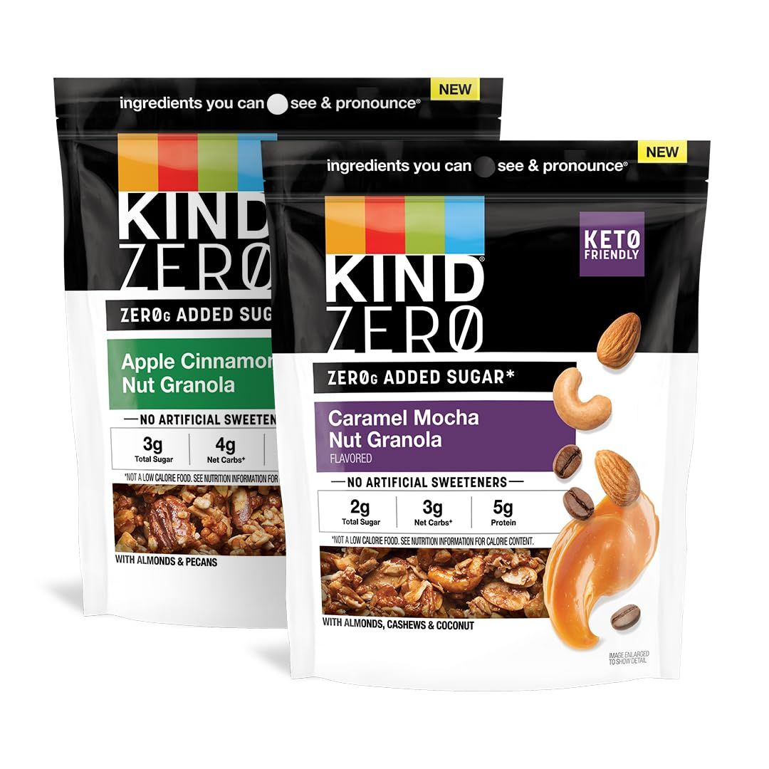 KIND Zero Added Sugar Granola, Variety Pack, Apple Cinnamon Nut &amp; Caramel Mocha Nut, Healthy Snacks, 5g Protein, Gluten Free, 2 Count