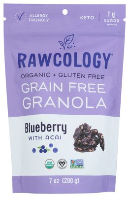 Rawcology Raw Crunch Granola, Blueberry with Acai, USDA Certified Organic, Vegan, Nut Free, Dairy Free, Soy Free, Gluten Free &amp; Non-GMO, 7 Ounce (Pack of 6)
