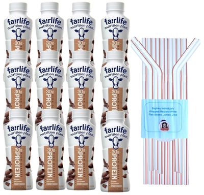 Fairlife Nutrition Plan High Protein Chocolate Shake, 12 pk. &amp; a Sophley Individually Wrapped Red and White Flex Straws Set
