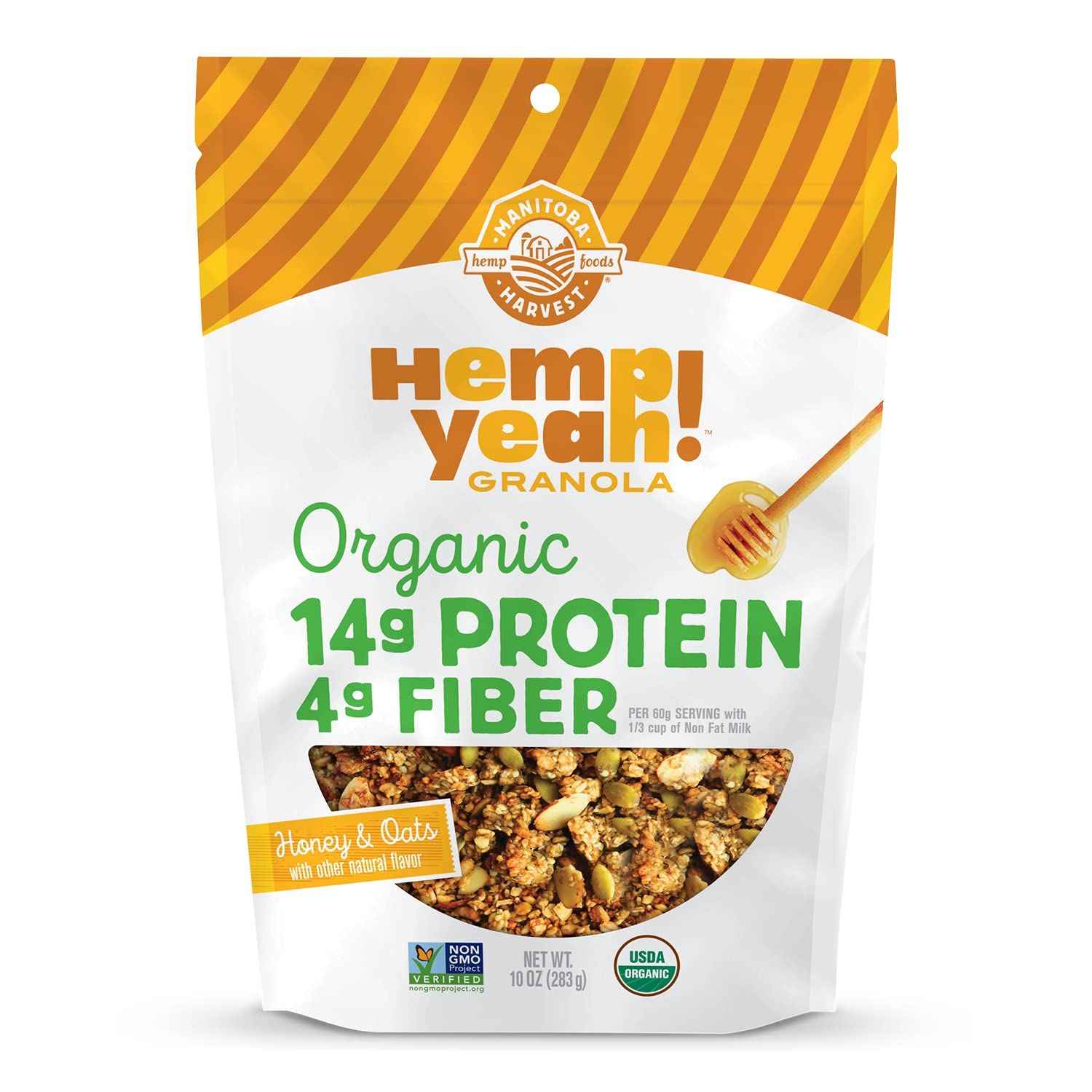 Manitoba Harvest Hemp Yeah! Granola, with 10 g of Protein, 3.5 g Omegas, 3 g of Fiber and less than 10 g Sugar Per Serving, Organic, Non-GMO, Honey &amp; Oats, 10 Oz, Packaging May Vary