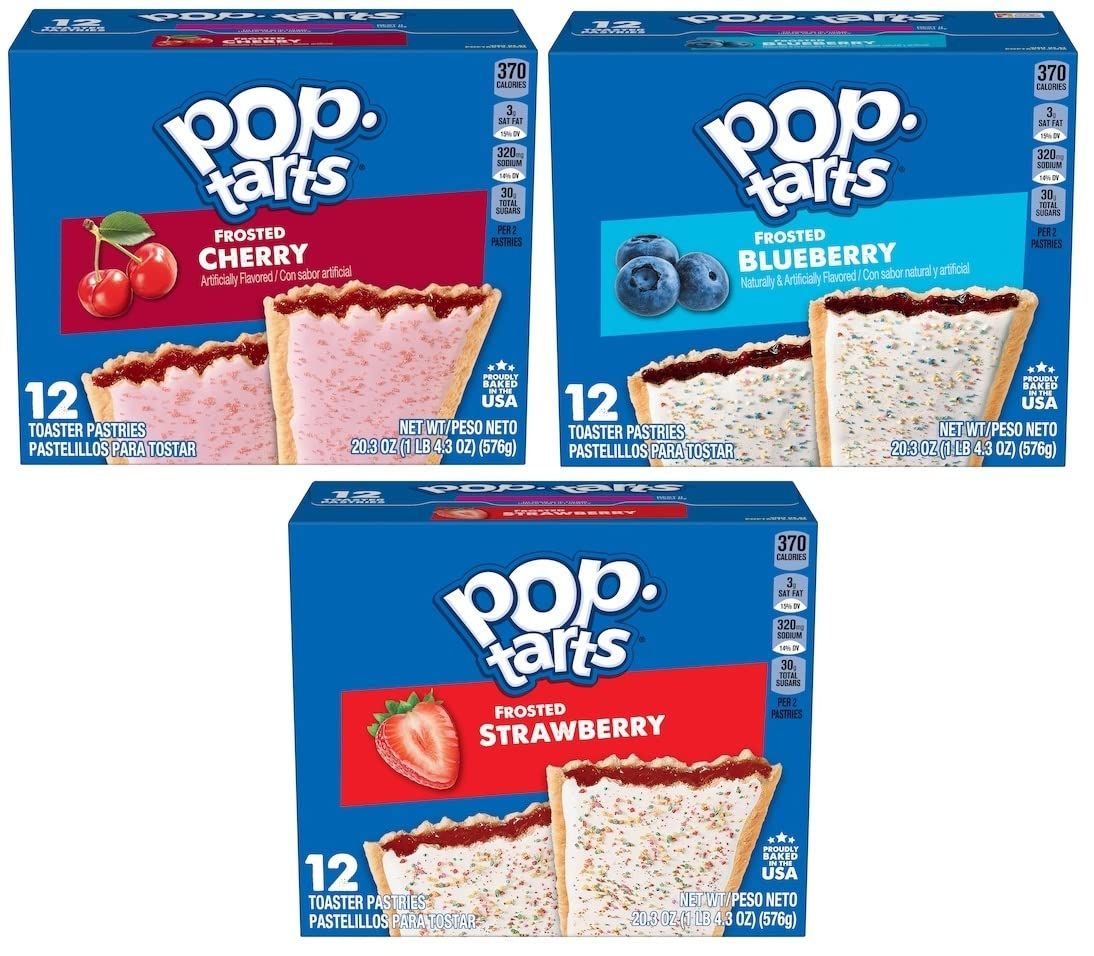Pop Tarts Toaster Pastries, Frosted Cherry, Frosted Strawberry, and Frosted Blueberry, 20 Ounce (Pack of 3) - with Two Make Your Day Lollipops