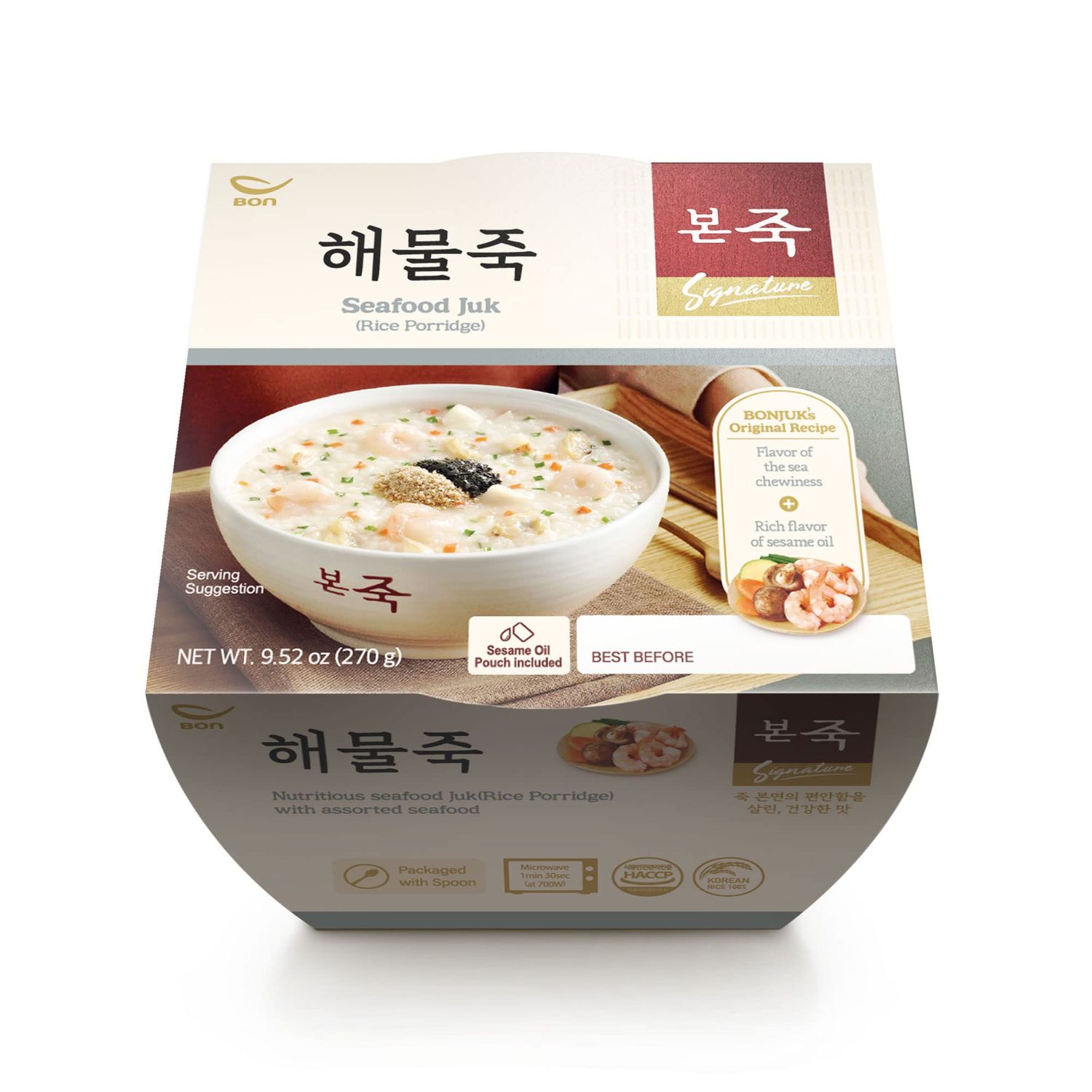 BONJUK Seafood Juk(Porridge) Bowl - Korean soup stew Kfood, Hearty Breakfast Oat Meal - 9.5oz(270g), bowl type