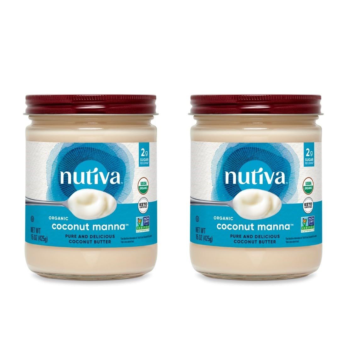 Nutiva Organic Coconut Manna Pured Coconut Butter, 15 Oz (Pack of 2), USDA Organic, Non-GMO, Whole 30 Approved, Vegan, Gluten-Free &amp; Keto, Creamy Spread to Boost Smoothies &amp; Oatmeal