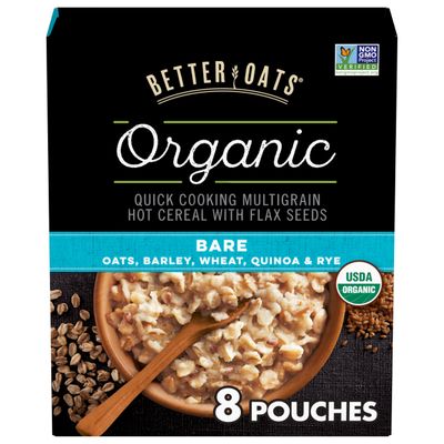 Better Oats Bare Organic Multigrain Hot Cereal Packets, Instant Multigrain Hot Cereal Packets, Thick and Hearty Texture, Ready in 2 Minutes, Box of 8 Pouches (Pack of 6)