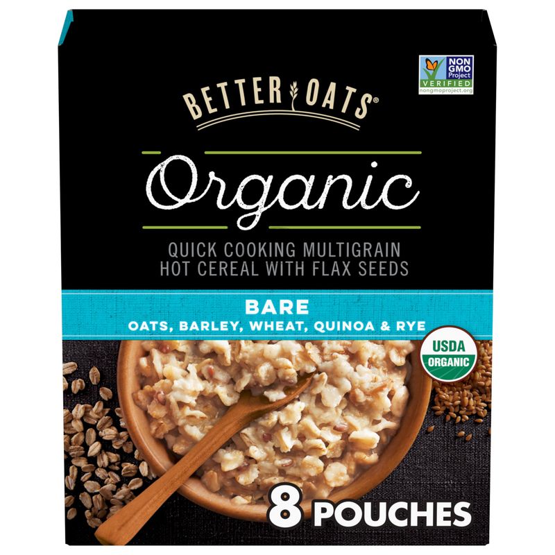 Better Oats Bare Organic Multigrain Hot Cereal Packets, Instant Multigrain Hot Cereal Packets, Thick and Hearty Texture, Ready in 2 Minutes, Box of 8 Pouches (Pack of 6)