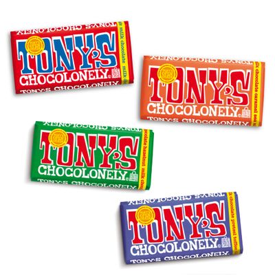 Tony&#39;s Chocolonely Assortment - Hazelnut, Dark Pretzel &amp; Toffee, Caramel Sea Salt, Chocolate Bars, No Artificial Flavoring - 4 Bars