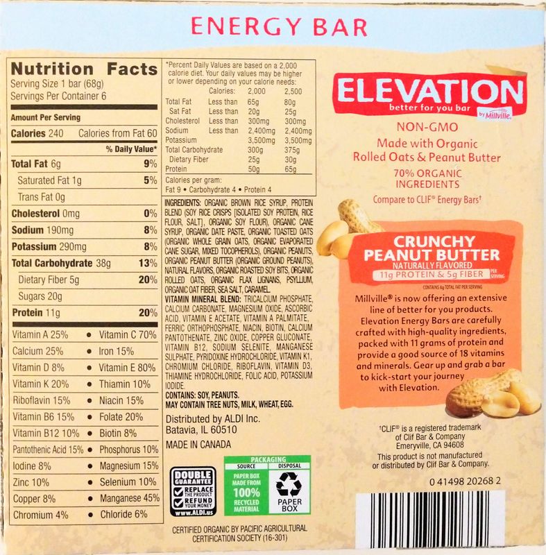 Elevation by Millville Crunchy Peanut Butter Energy Bars 2.4ozx6 Total,14.4oz, Pack of 1